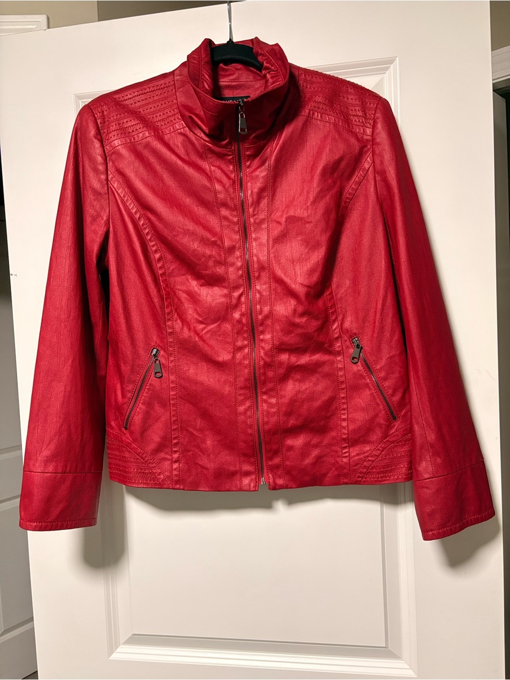 Women’s Red Faux Leather Zip Jacket